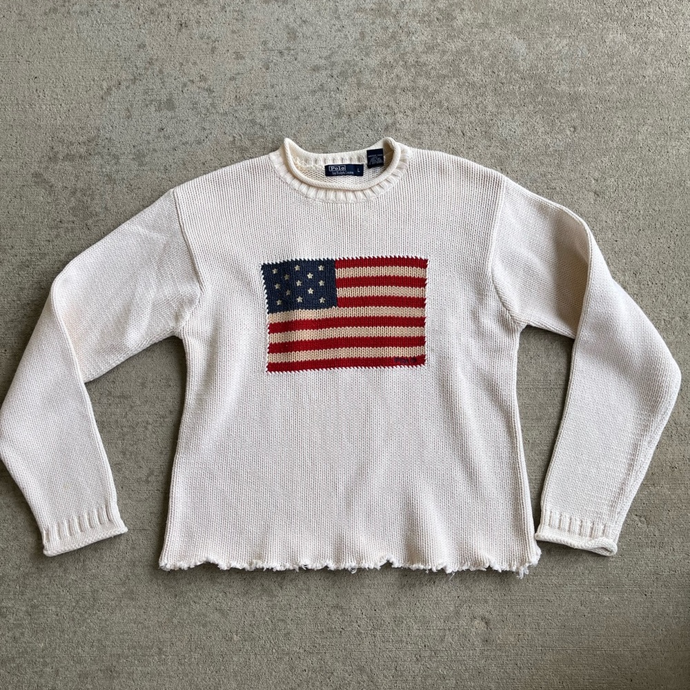 Vintage 90s polo Ralph Lauren American Flag rollneck chunky knit cotton sweater